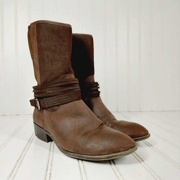 Chaps Gari Brown Leather Slip On Buckle Detail Side Zipper Mid-Shaft Boots D208 - Picture 4 of 12